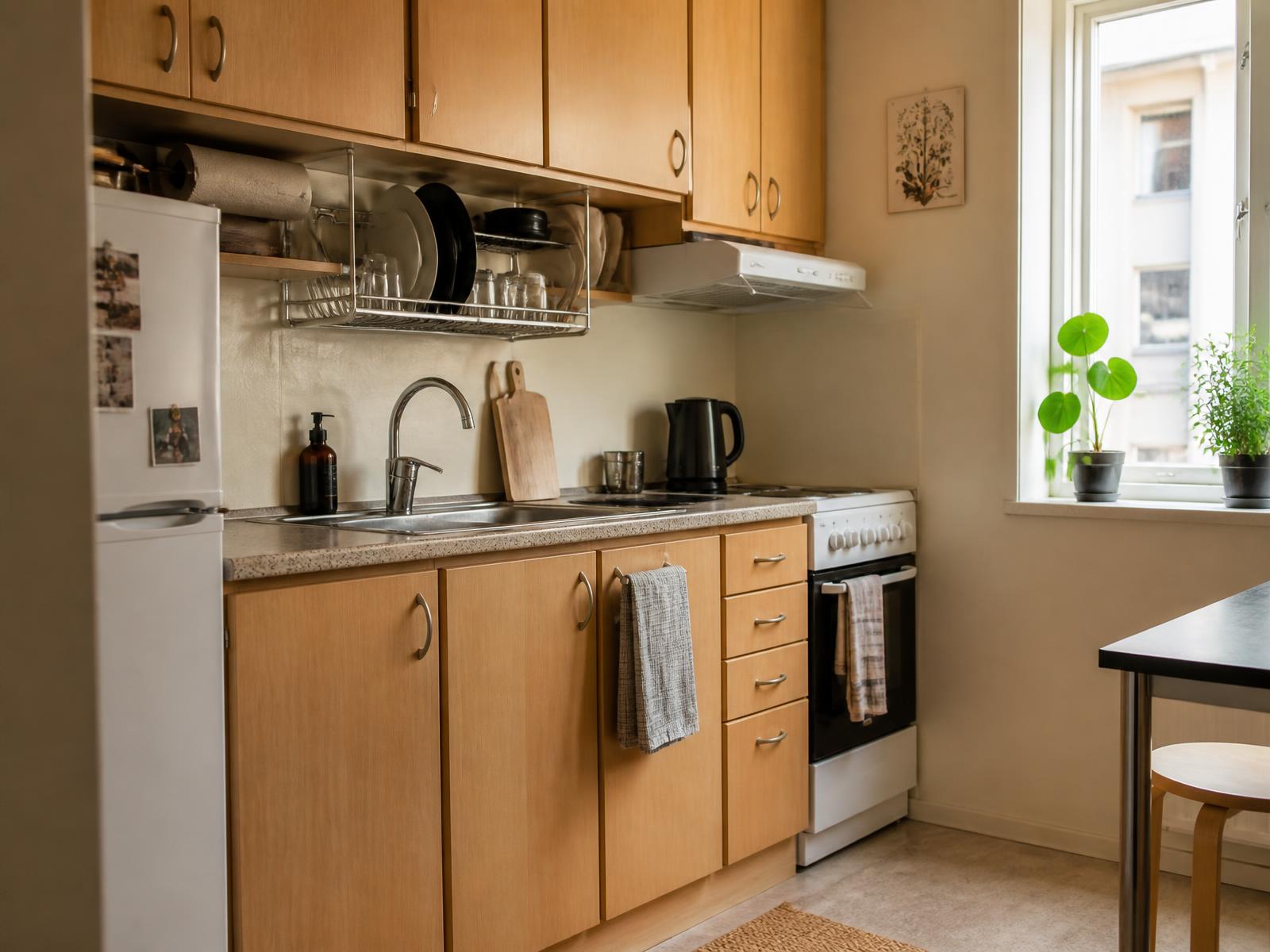 Small apartment kitchen with an over-the-sink drying rack, organized cabinets and clear counters in natural light